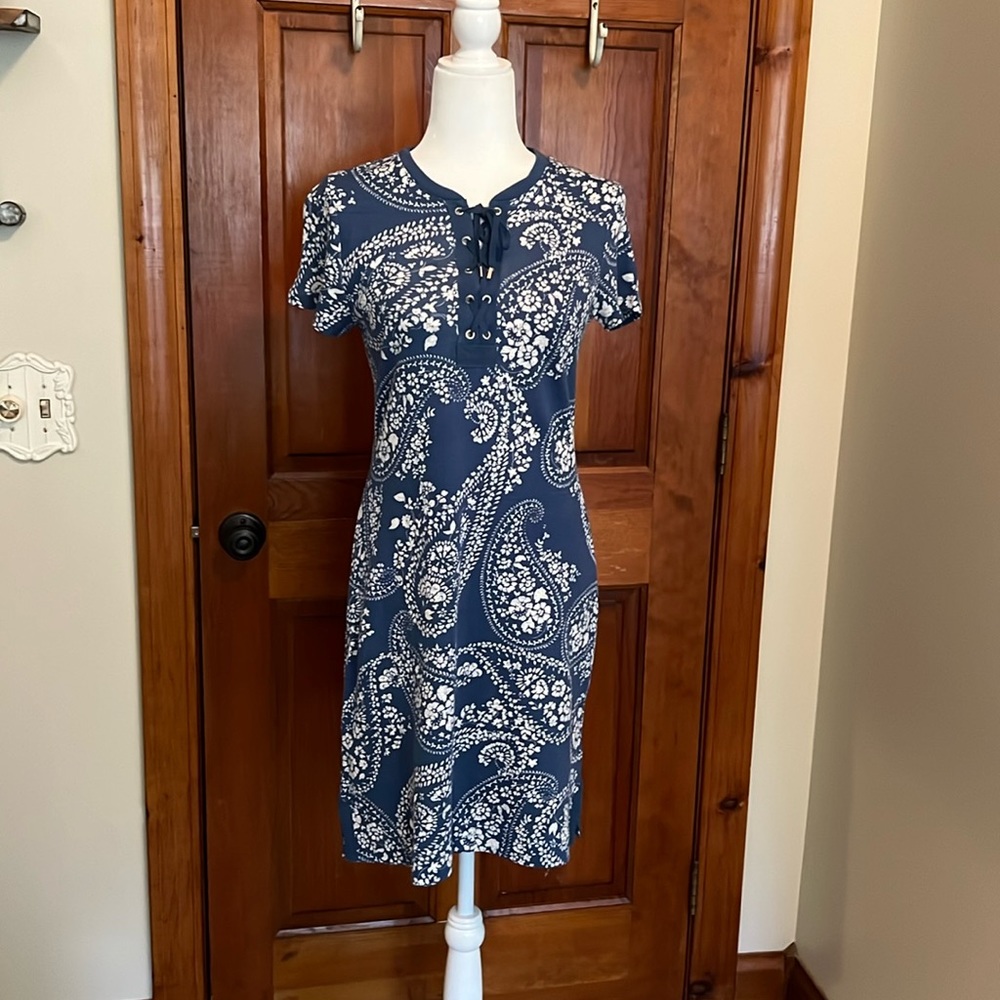 Chaps Short Sleeve Lace-up Neck Dress